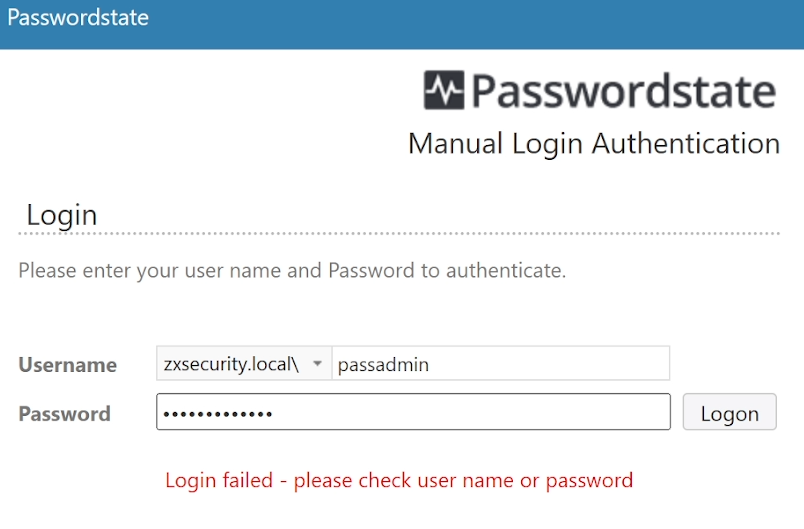 Screenshot of failed login